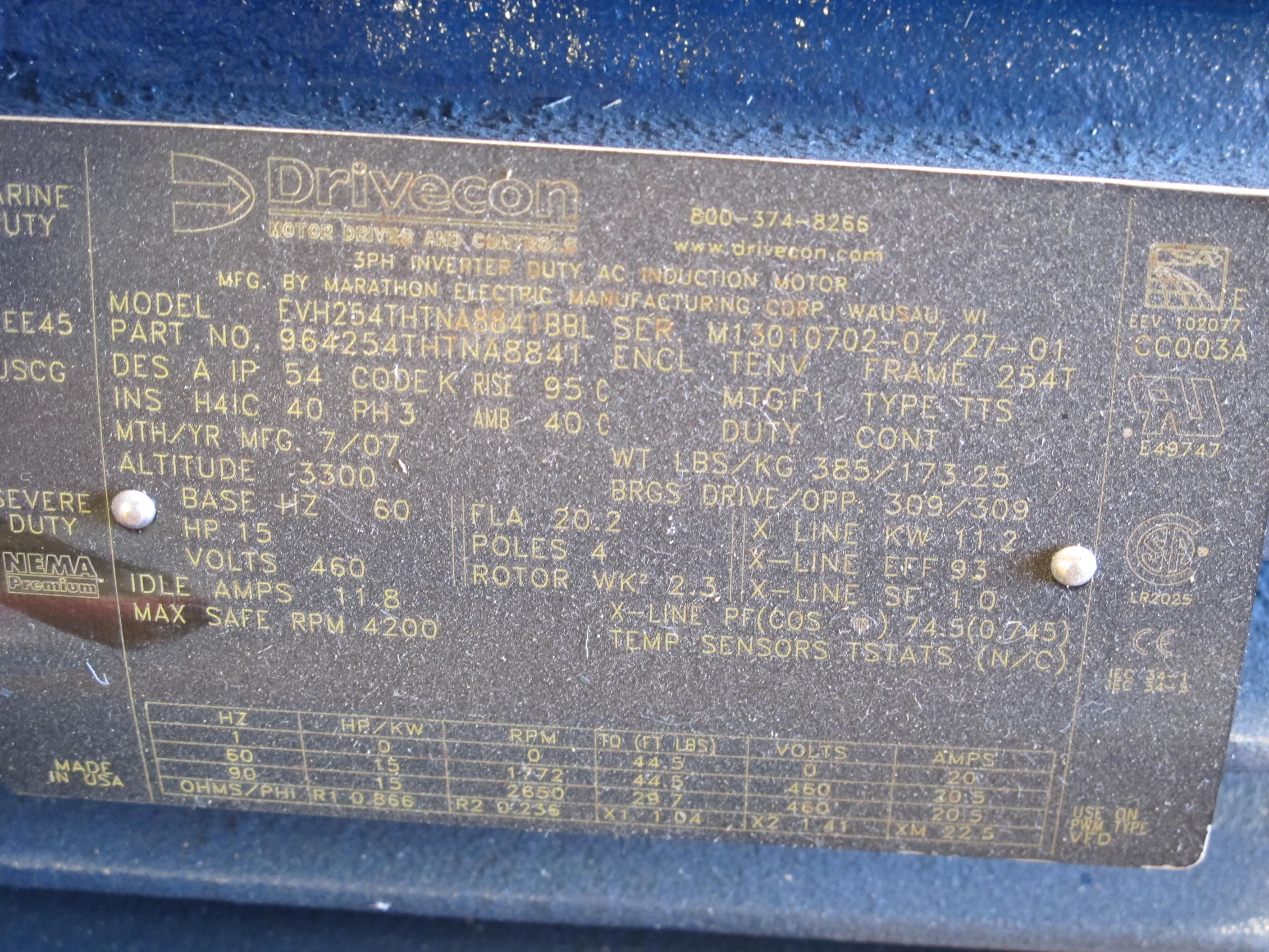 MOTOR, ELECTRIC TYPE, 15 HORSEPOWER, 460/3/60 ELEC RATING, 1800 RPM, 254T FRAME, 20.2 AMPS, TENV ENCLOSURE, CONTINUOUS DUTY, CLASS H INSULATION SERVICE FACTOR. TROLLEY MOTOR, W/110V-27W HEATER, STEARNS NEMA 4 BRAKER, 50FTLB DISK, BRAKE W/SPACE HEATER. CLASS H INSUL INVERTER DUTY, PART # 254THTNA8841 (W-44) LOADING & HANDLING FEE $15-